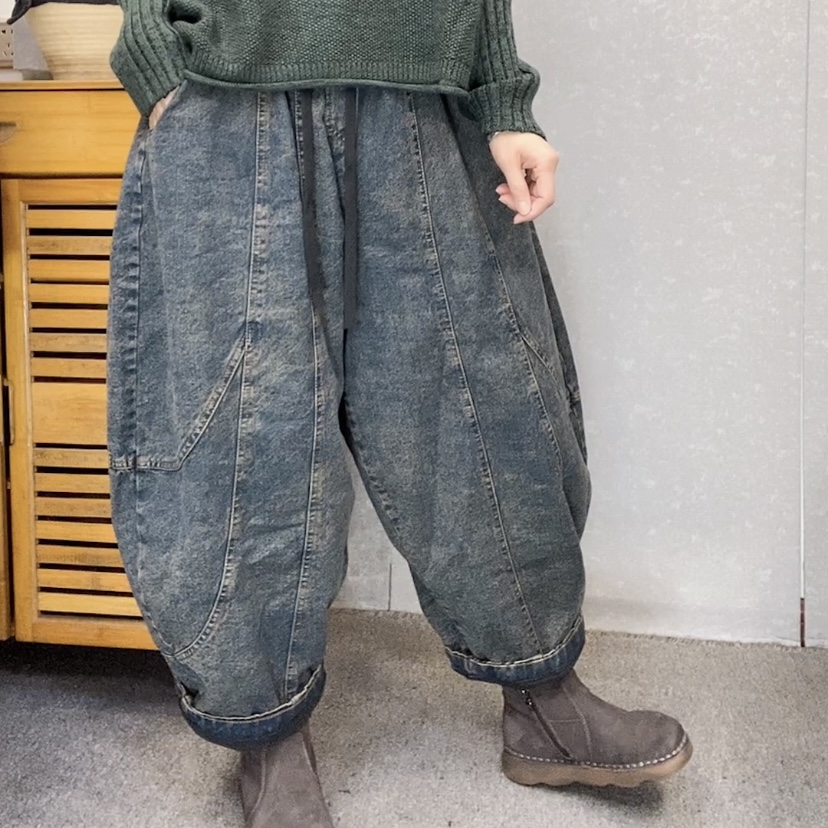 【云吖】冬款加棉复古炒色做旧水洗磨白西瓜裤灯笼裤牛仔棉裤