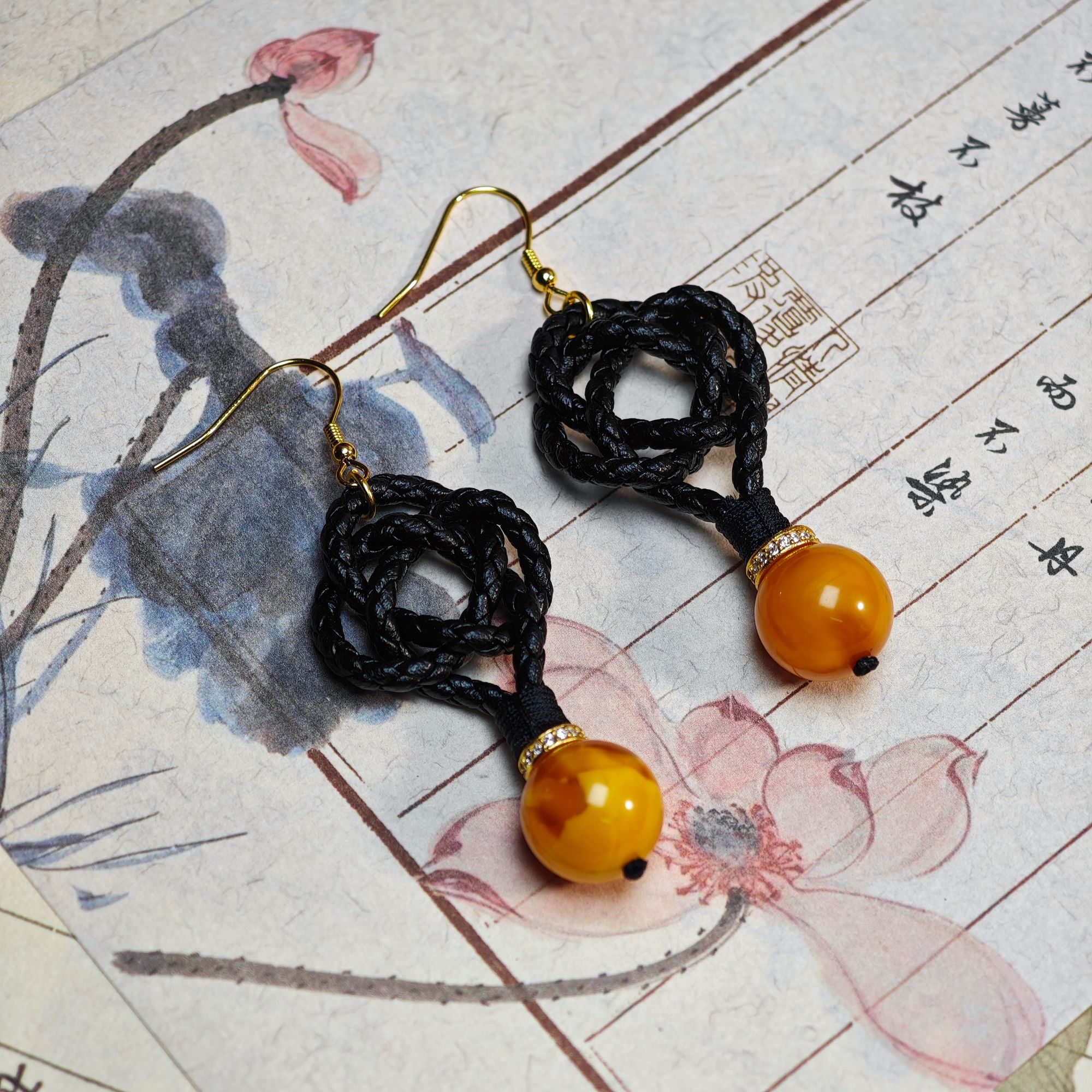 【Y】ZX208012蜜蜡花蜡圆珠编织耳饰13mm+