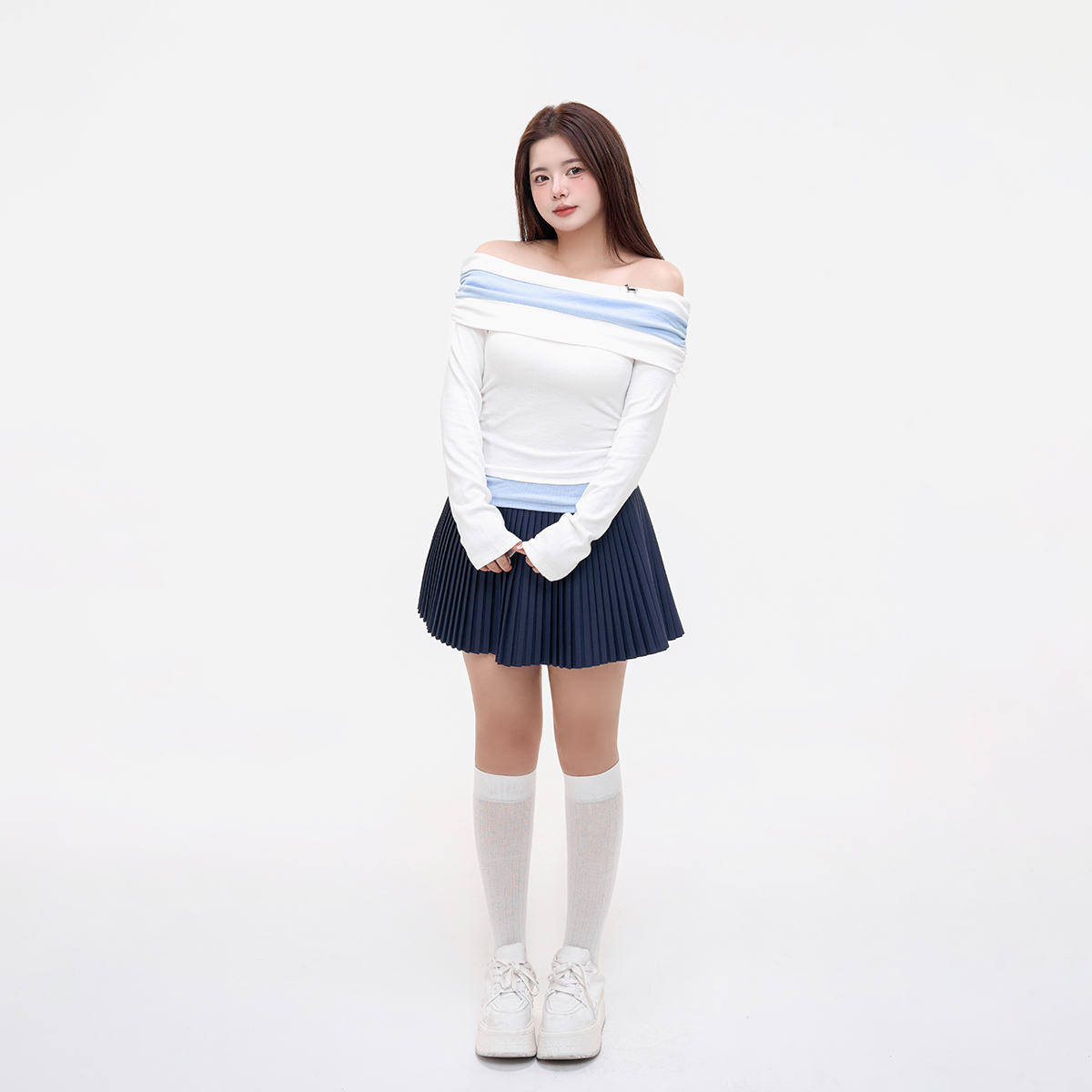 王葡萄微胖定制拼色一字肩修身长袖针织衫早秋2025新款DM2223