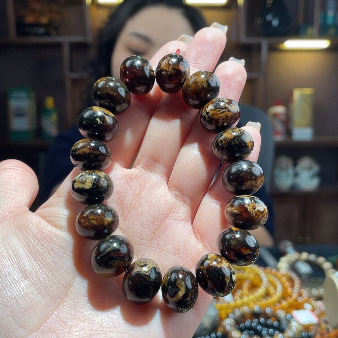 琥珀手链未镶嵌浮*15m黑花