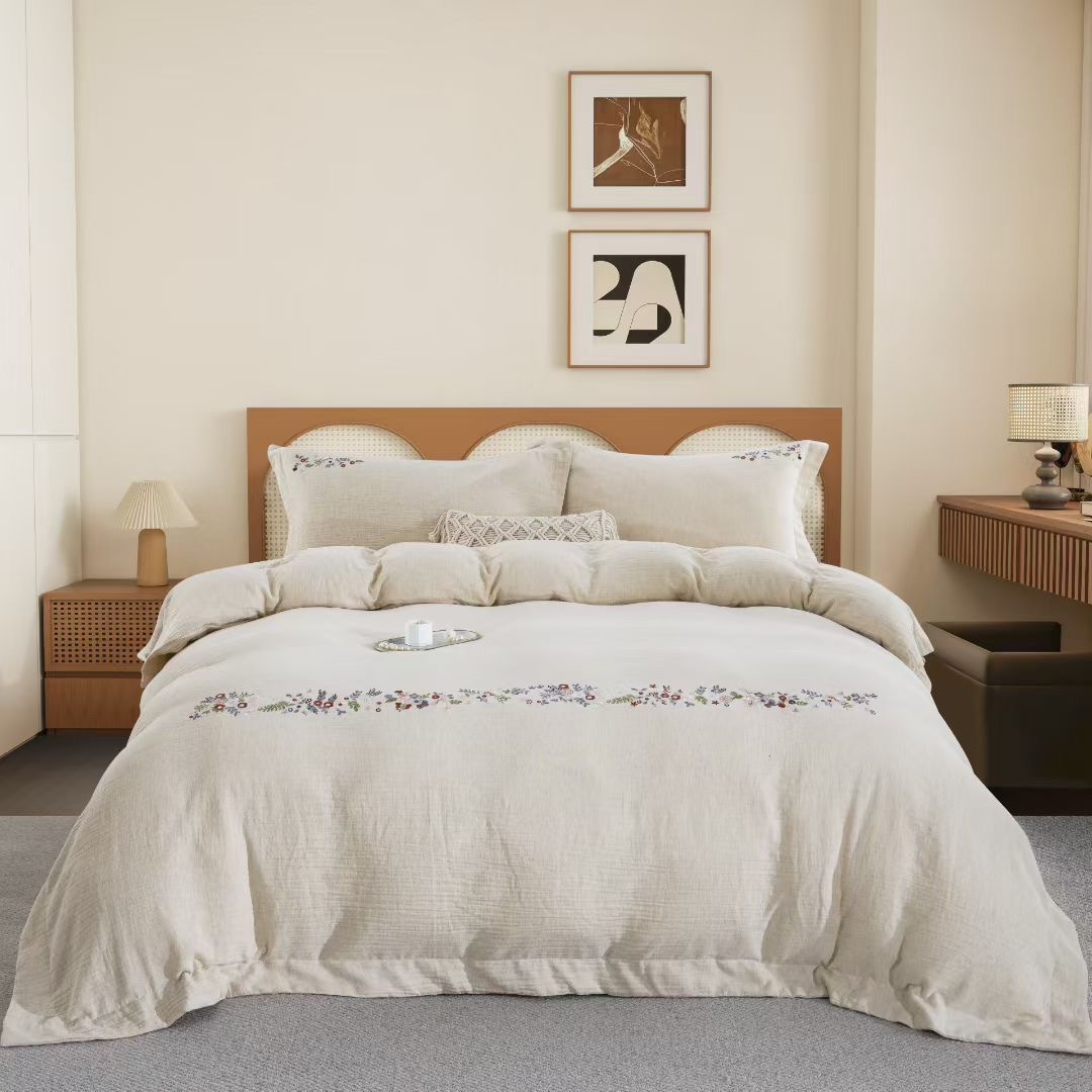 虞美人-原麻色雨露麻设计师款轻奢刺绣四件套