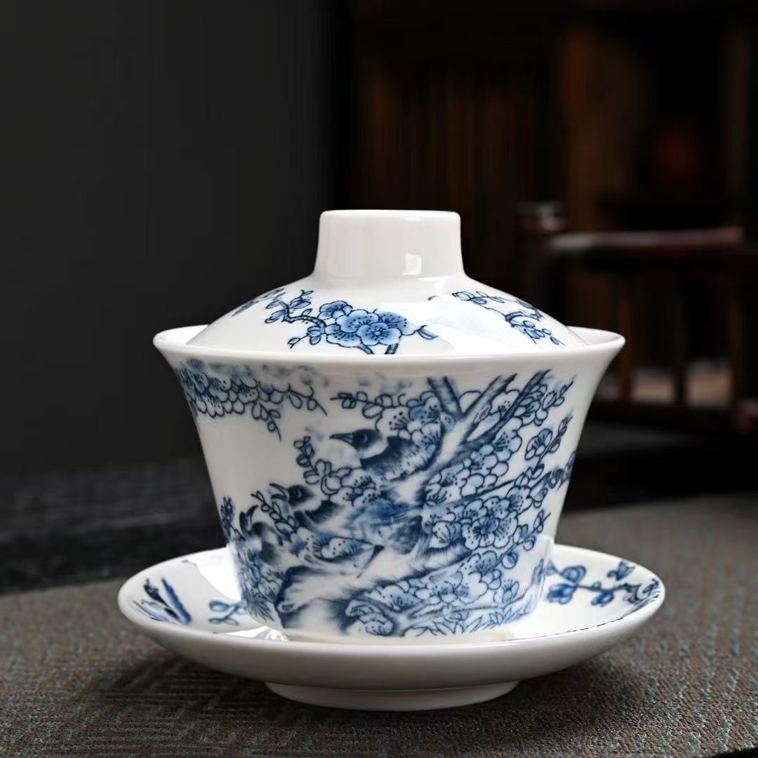 新式蓝喜鹊三才盖碗陶瓷家用茶杯-0019