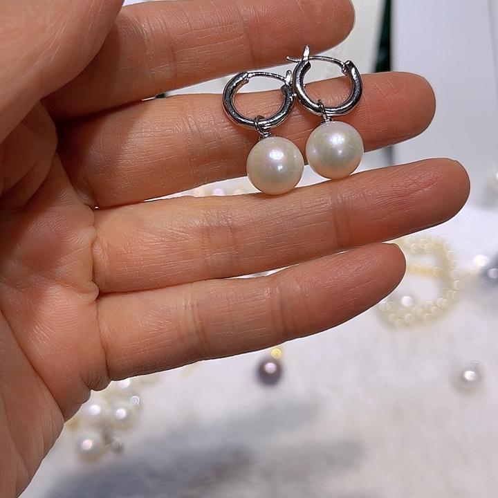 淡水珍珠白珠万能耳扣银S925镶嵌