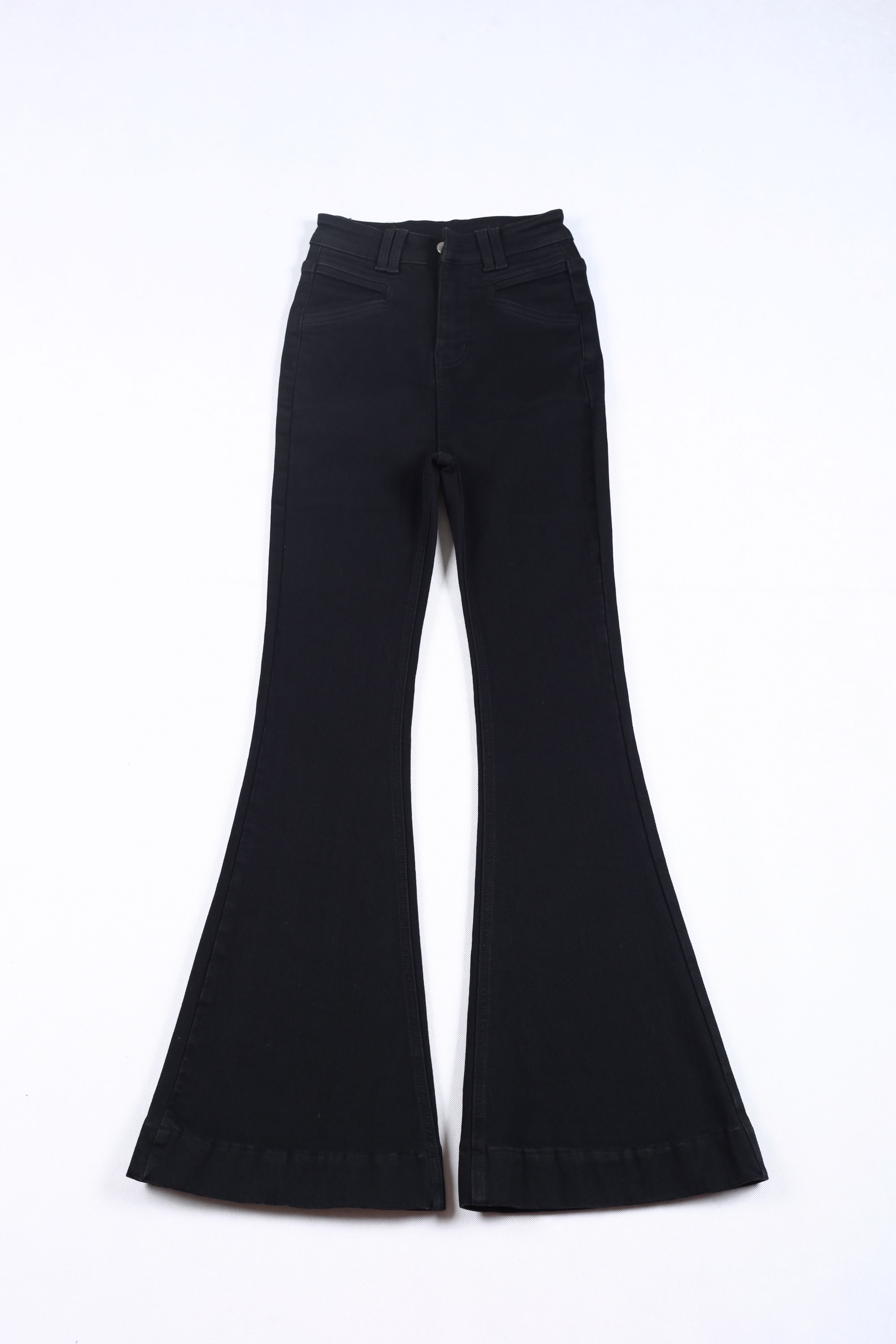 裤长110cm起    纯黑色女士牛仔喇叭裤狐狸眼宽边裤脚百搭大喇叭