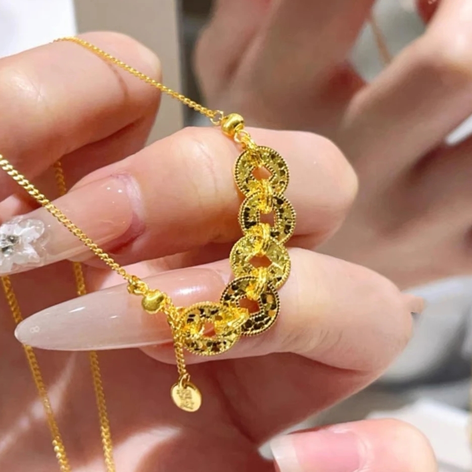 铜合金项链 新中式爆闪碎冰冰五帝钱气质百搭女款项链0007