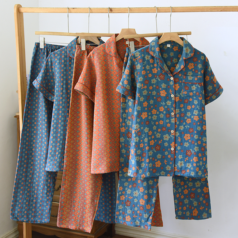 短袖长裤女士纯棉睡衣全棉双层色织提花棉纱暖气房家居服休闲翻领