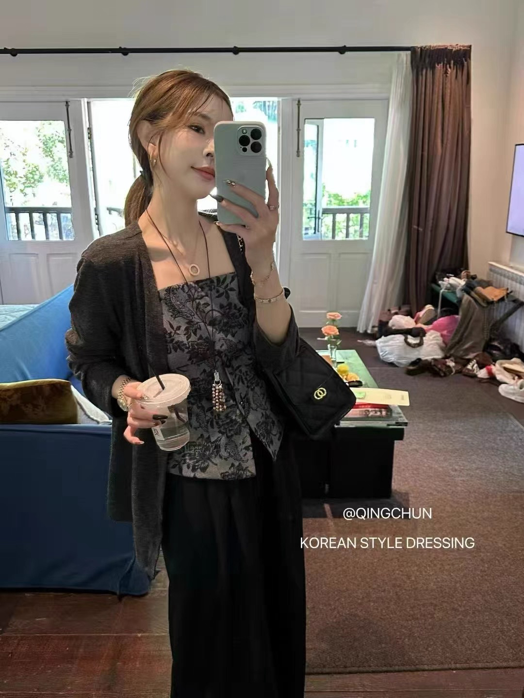 甜辣妹夏季薄款碎花吊带背心配长袖外套和高腰阔腿裤
