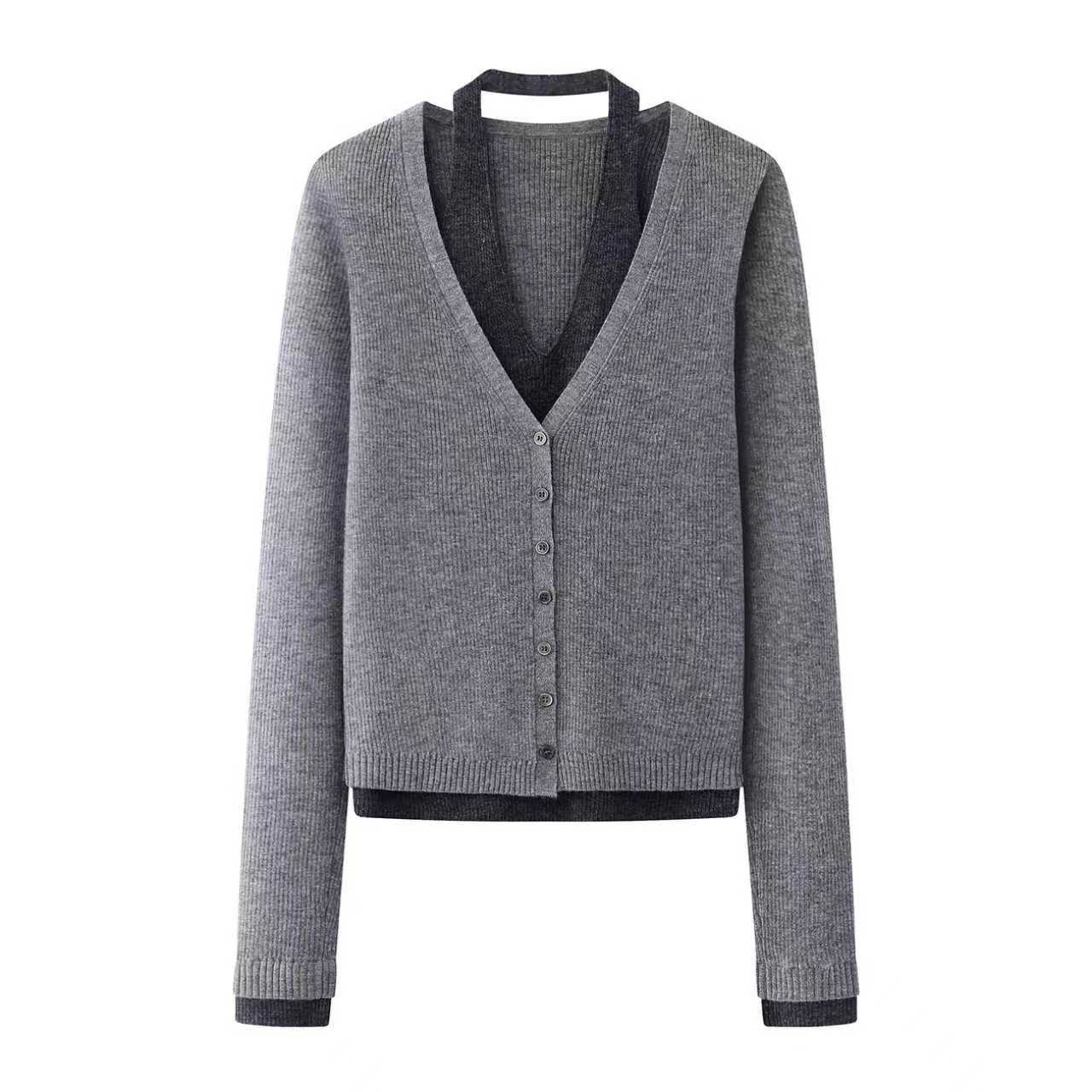 艾家2026春季新灰色假两件长袖针织开衫上衣1157