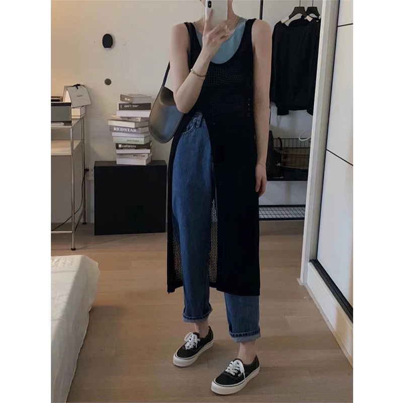 10916轻熟风港味休闲蓝色背心黑色长款空马甲蓝色牛仔裤时尚套装