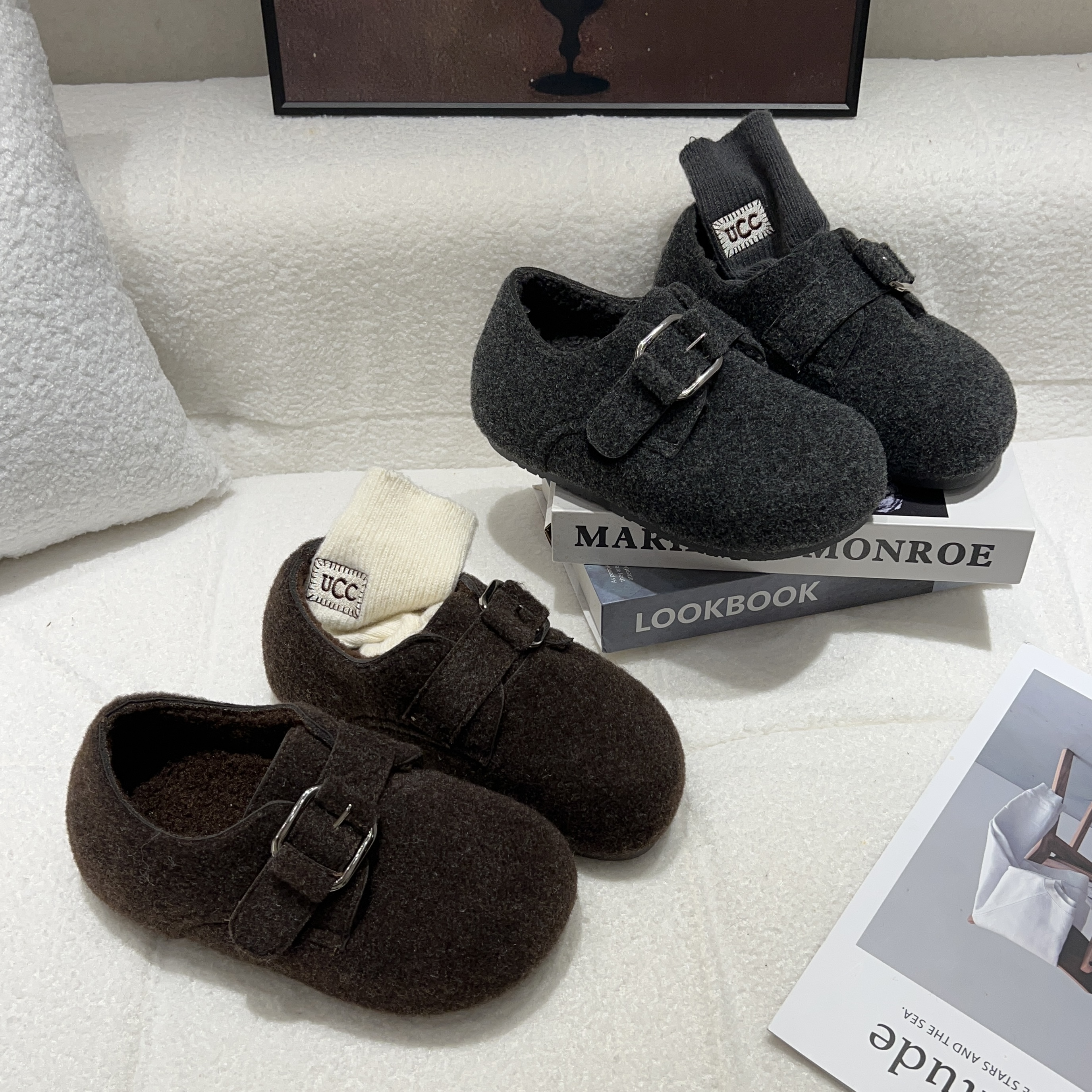 【豆豆】加绒勃肯鞋女2025秋冬毛呢子保暖棉鞋一脚蹬灰色