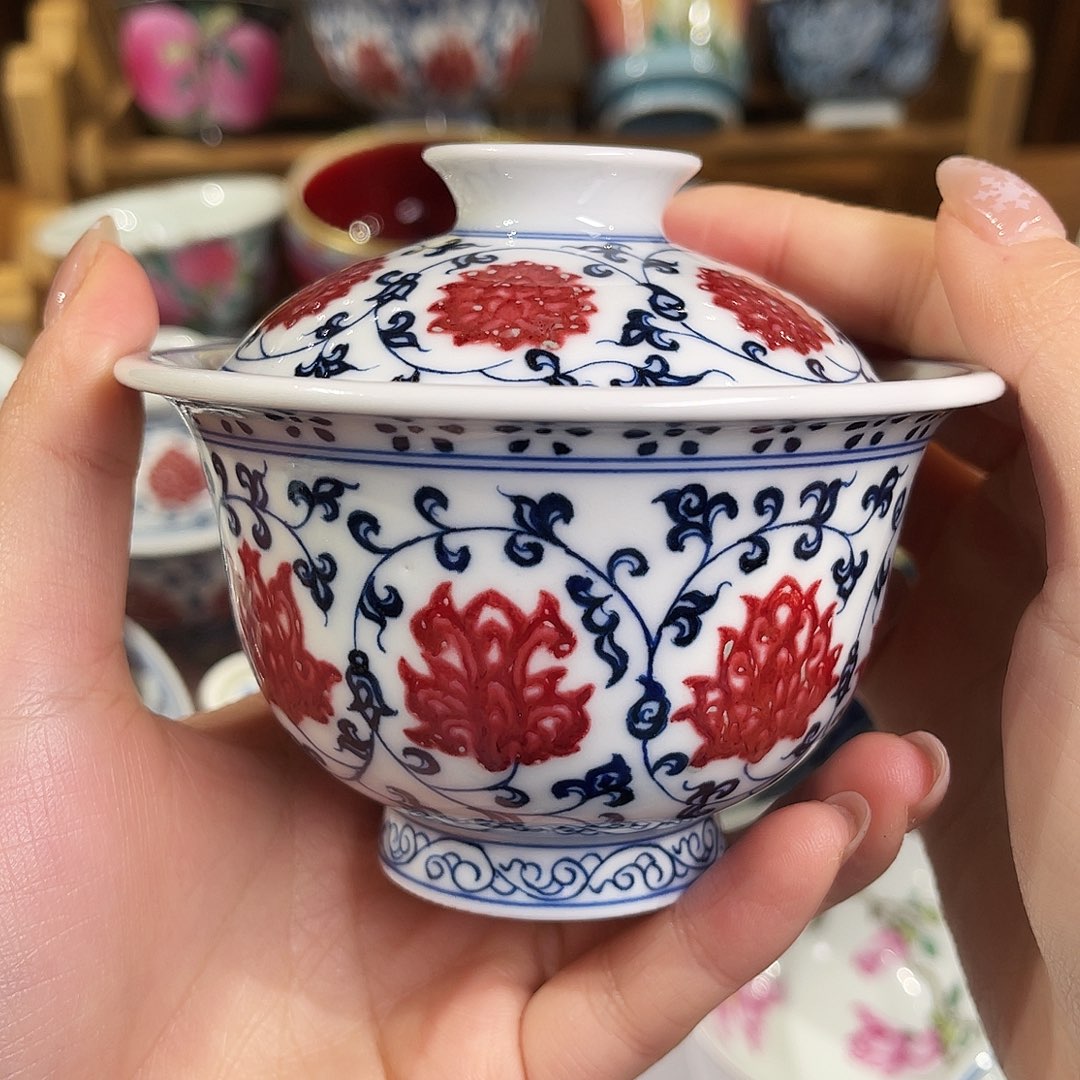 杯子陶青花釉里红盖碗