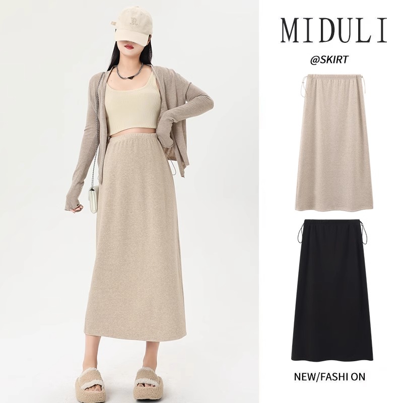 米度丽无托腹孕妇半身裙秋冬加绒中长款小个子A字孕期开叉直筒裙