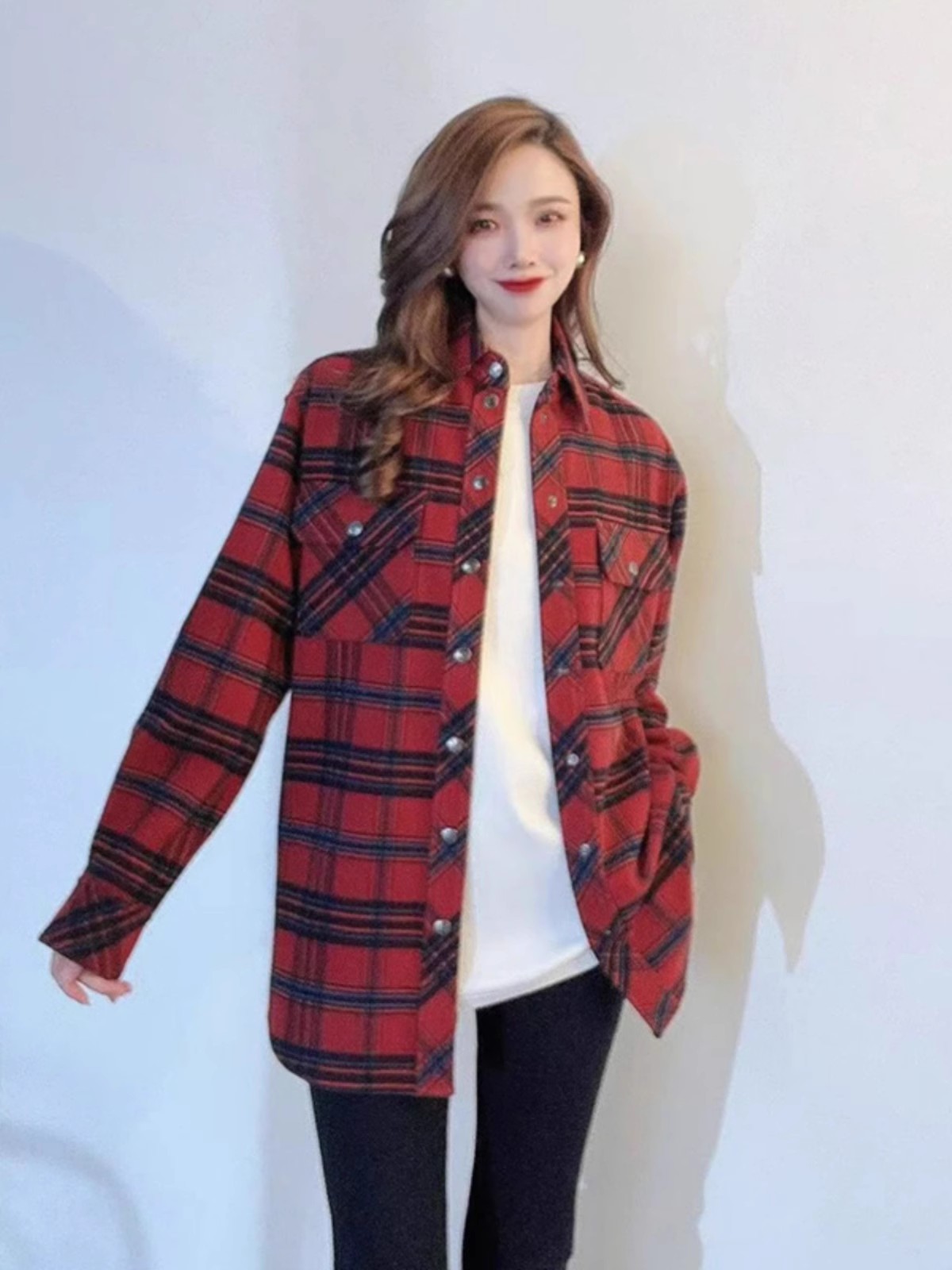 哥家2025时尚百搭秋冬新款宽松磨毛格子长袖衬衫外套女1301058