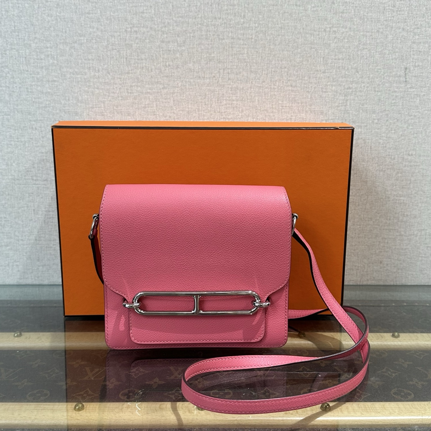 95新 Hermes/爱马仕 roulis mini唇膏粉银扣猪鼻子单肩包 02133