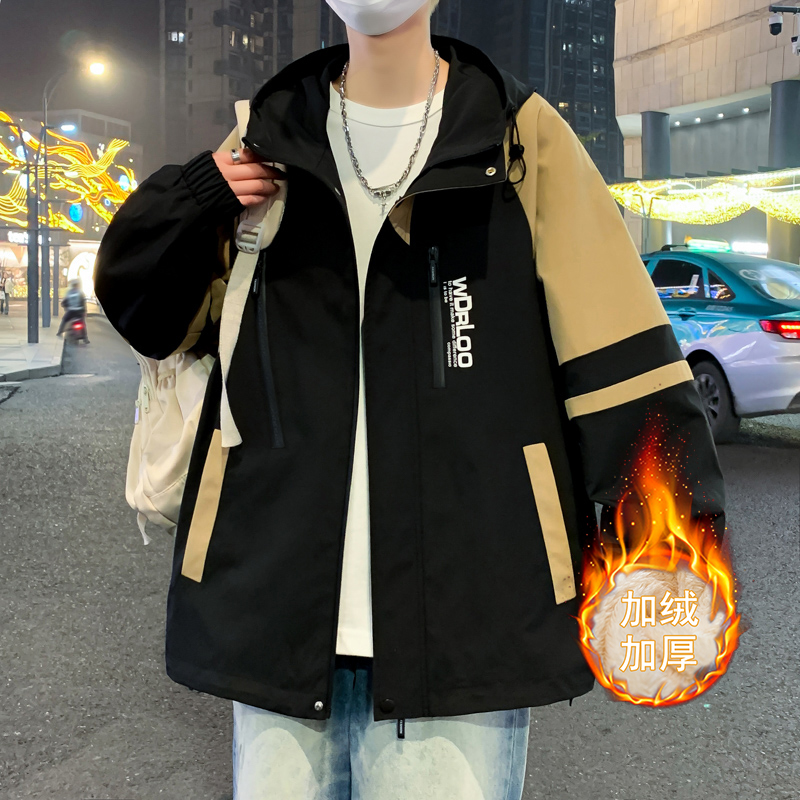 青少年男初高中学生秋冬季加绒保暖夹克宽松休闲加厚连帽外套393