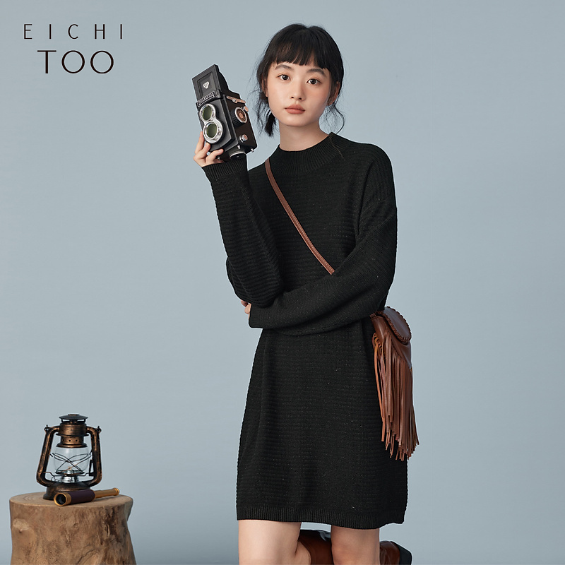 爱居兔冬软糯舒适时尚百搭黑色长袖针织衫连衣裙EQLSJ4N008A