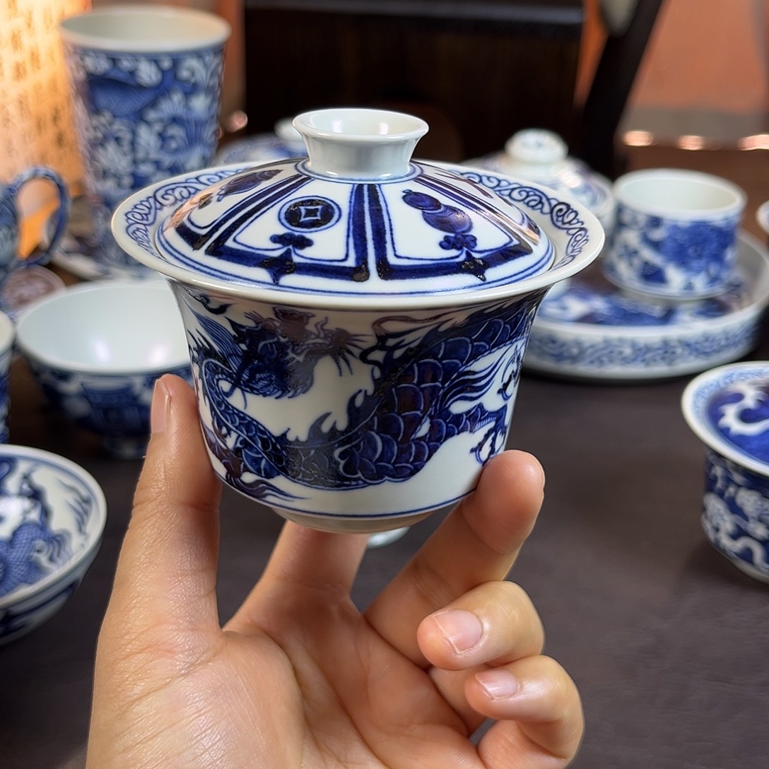 朝岚夕霞仿至正元青花原矿釉烧制全手绘盖碗