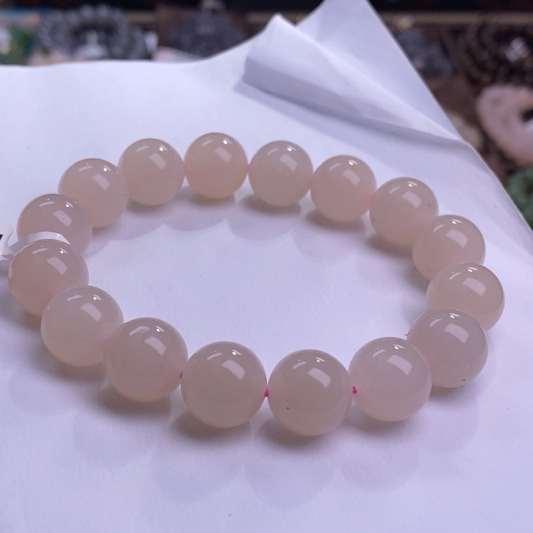 和田玉收藏熟藕粉羊脂级老矿料高冰圆珠手串12m未镶嵌