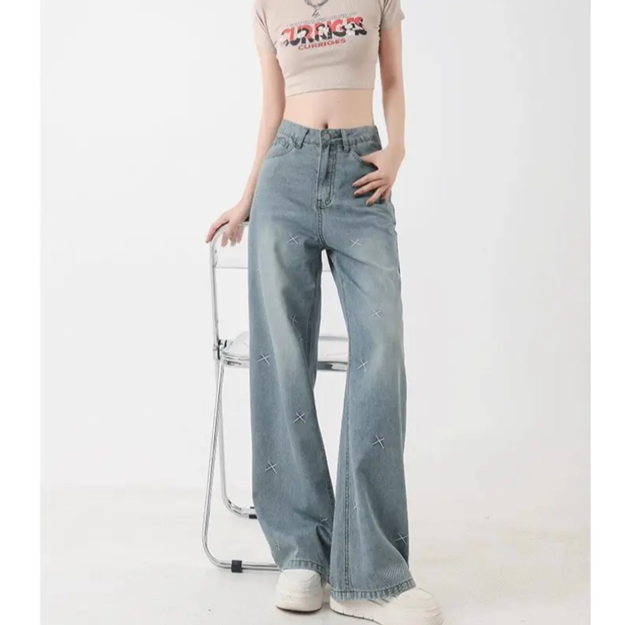 大码女款刺绣牛仔裤夏季高腰宽松MM显瘦遮肉阔腿大码女装裤子直筒