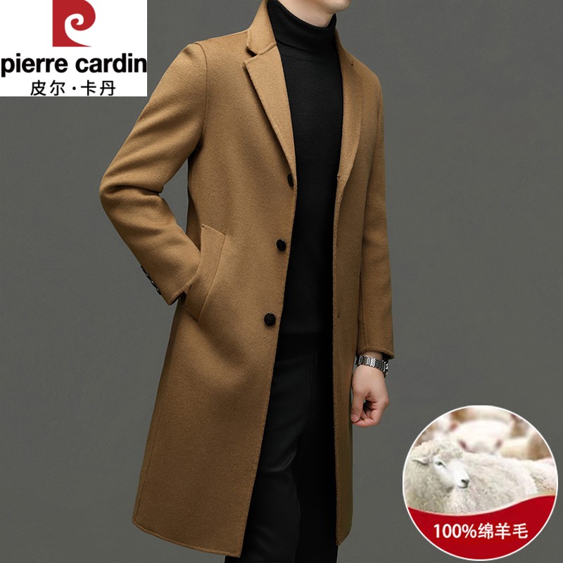 皮尔卡丹100%绵羊毛呢子大衣男长款秋冬季高端男士双面呢风衣外套