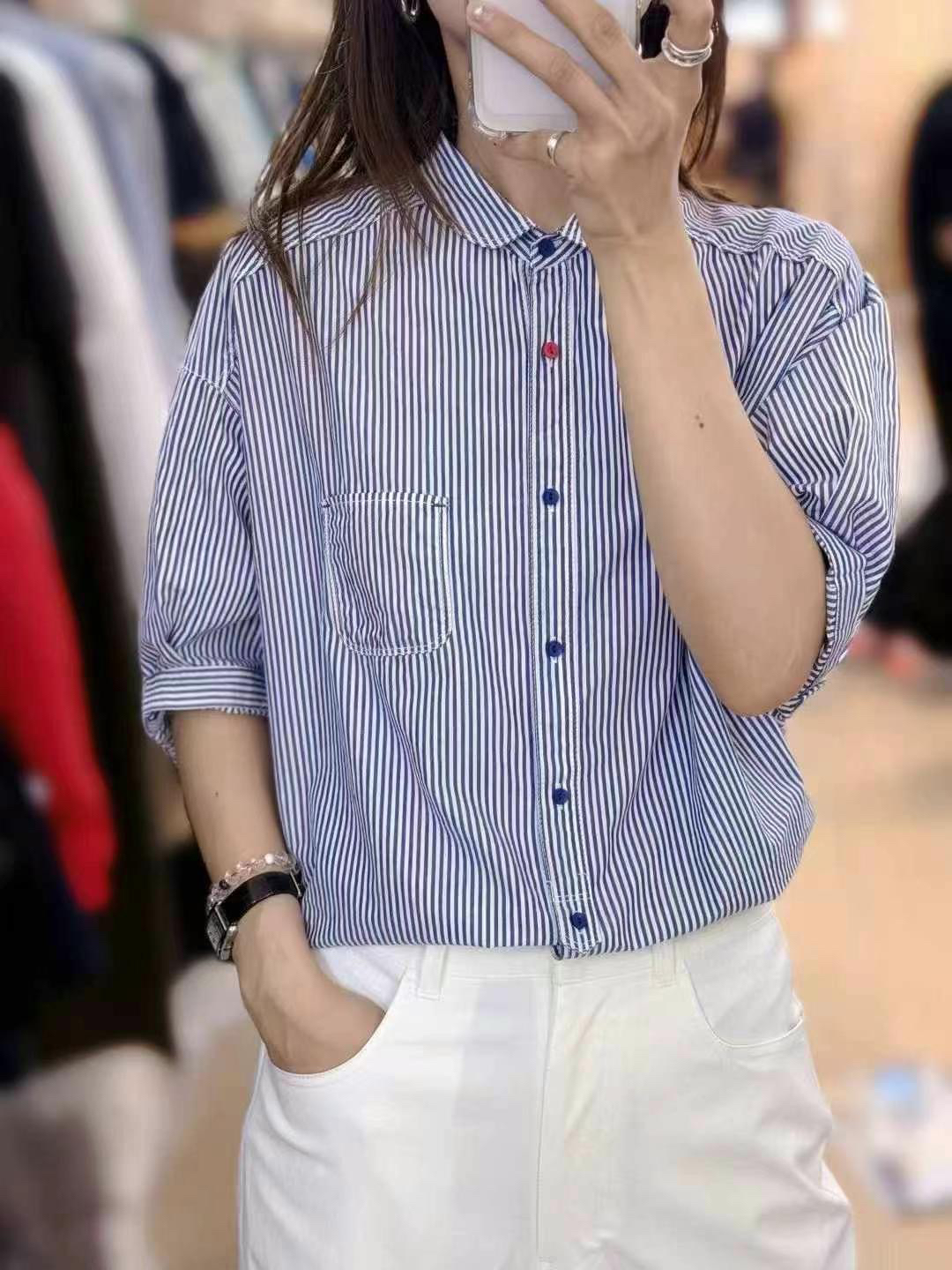 五分袖原宿风条纹常规夏季衬衫简约女装超薄夏款上衣蓝色7605