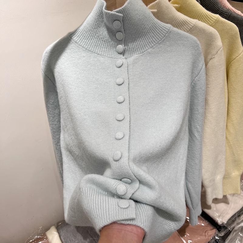 芊芊芙纽扣高领软糯长袖针织衫开衫毛衣女春秋款韩系厚打底衫上衣