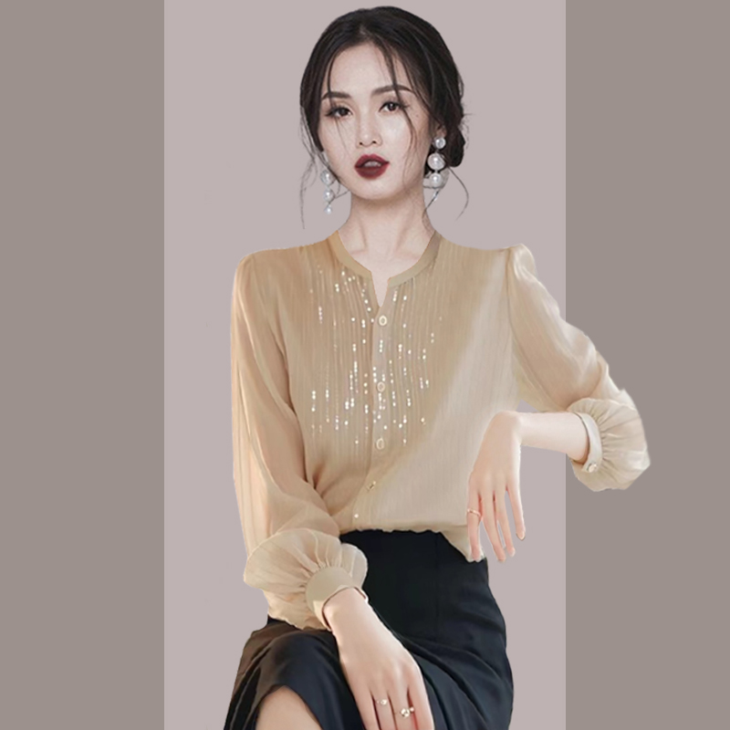 春季新款洋气高端别致小衫气质高级感米色亮片雪纺衬衫上衣