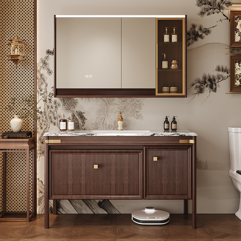 新中式橡木乌金木胡桃色浴室柜组陶瓷一体盆卫生间洗漱台洗脸盆