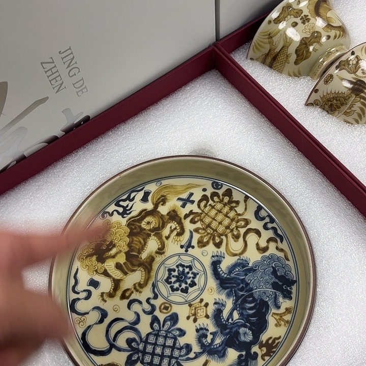 瓷片釉里金狮子5件套景德镇带礼盒