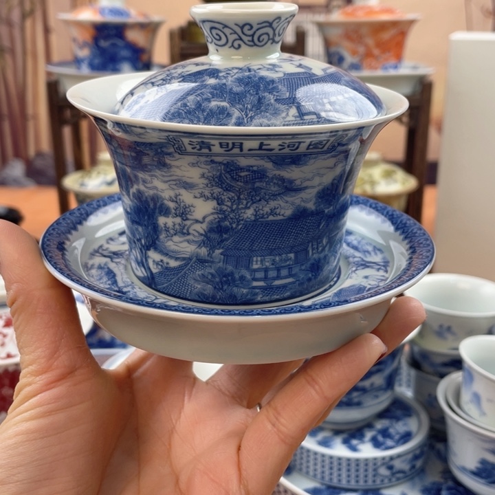 摆件陶清明上河图马蹄盖碗