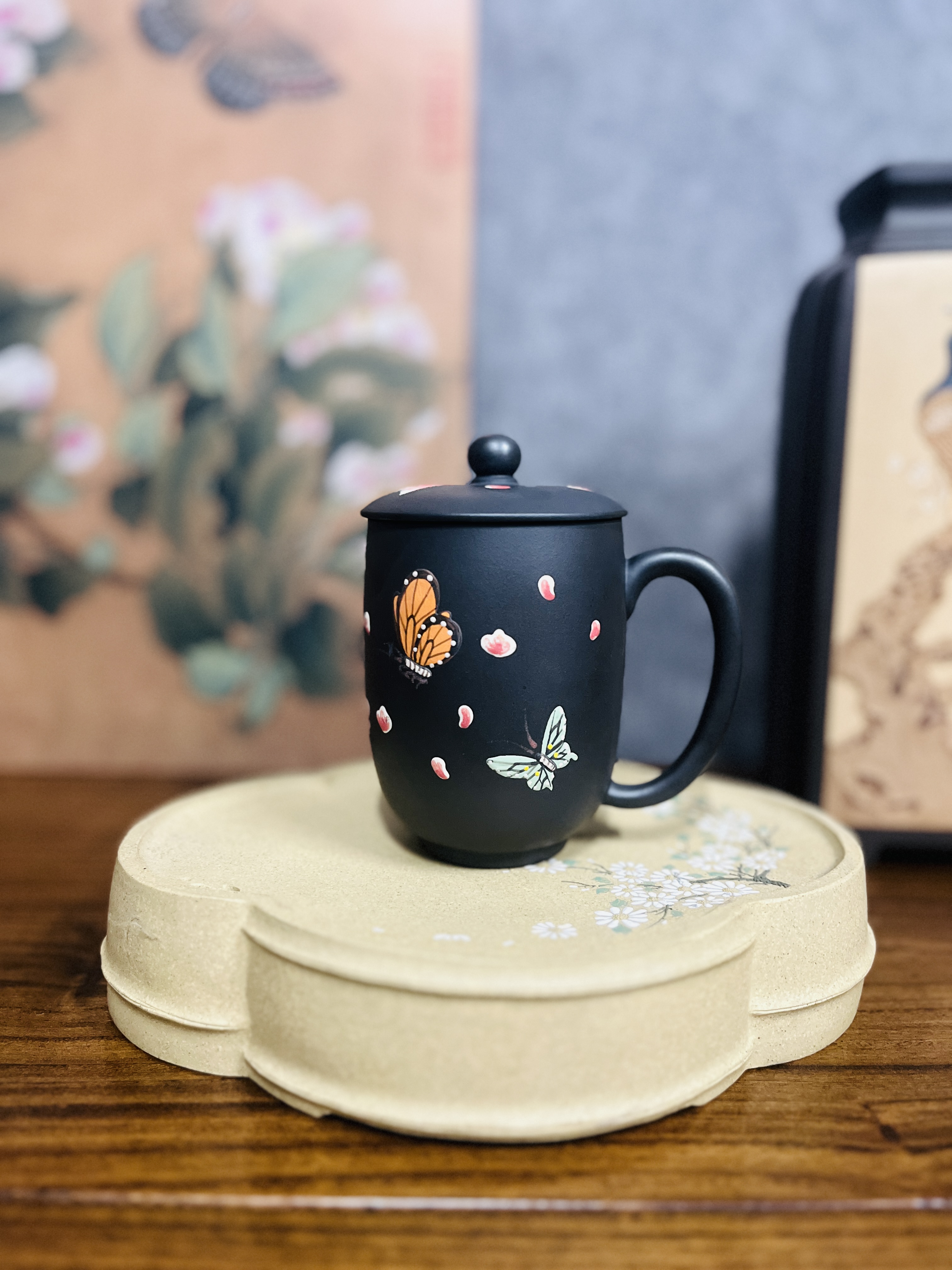 橙韵精选 手绘蝴蝶精美盖杯 紫砂办公杯