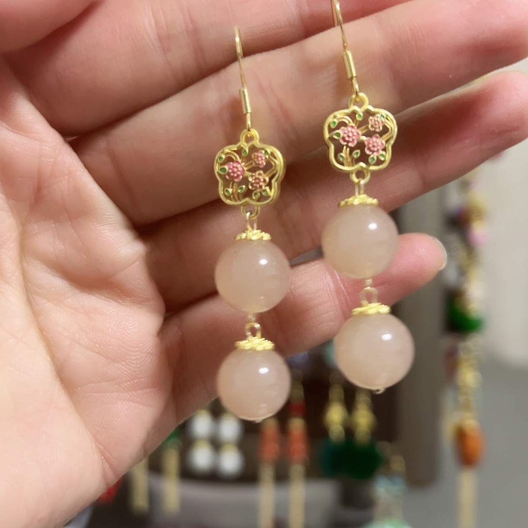 银S925镶嵌耳钉玛瑙/玉髓红色粉色