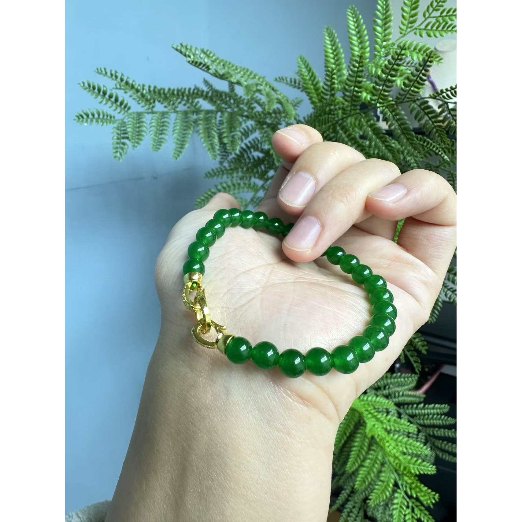 翡翠冰辣绿14k手链6mm手串