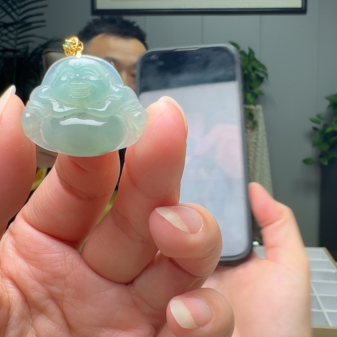 翡翠18K金镶嵌吊坠(不含链)天然