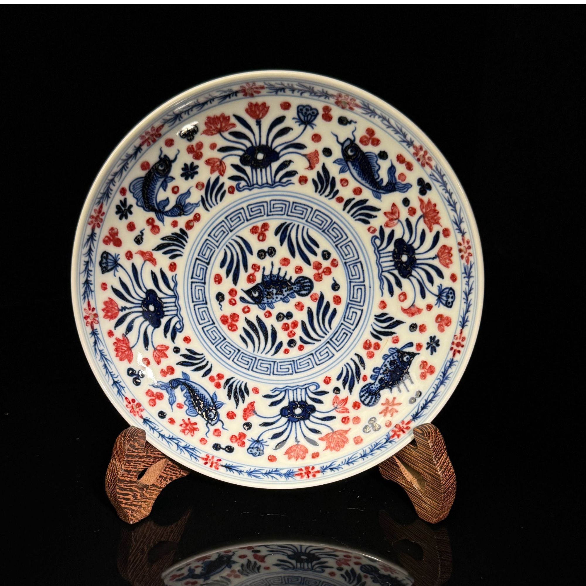 拾月谨制-青花鱼藻纹釉里红壶承家用文创礼品陶瓷手绘家用圆形