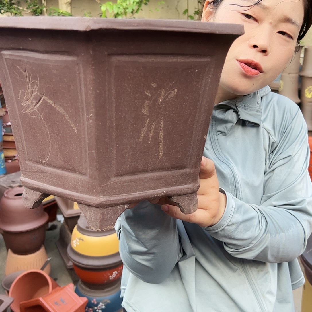 32刻绘六方花盆花盆花盆