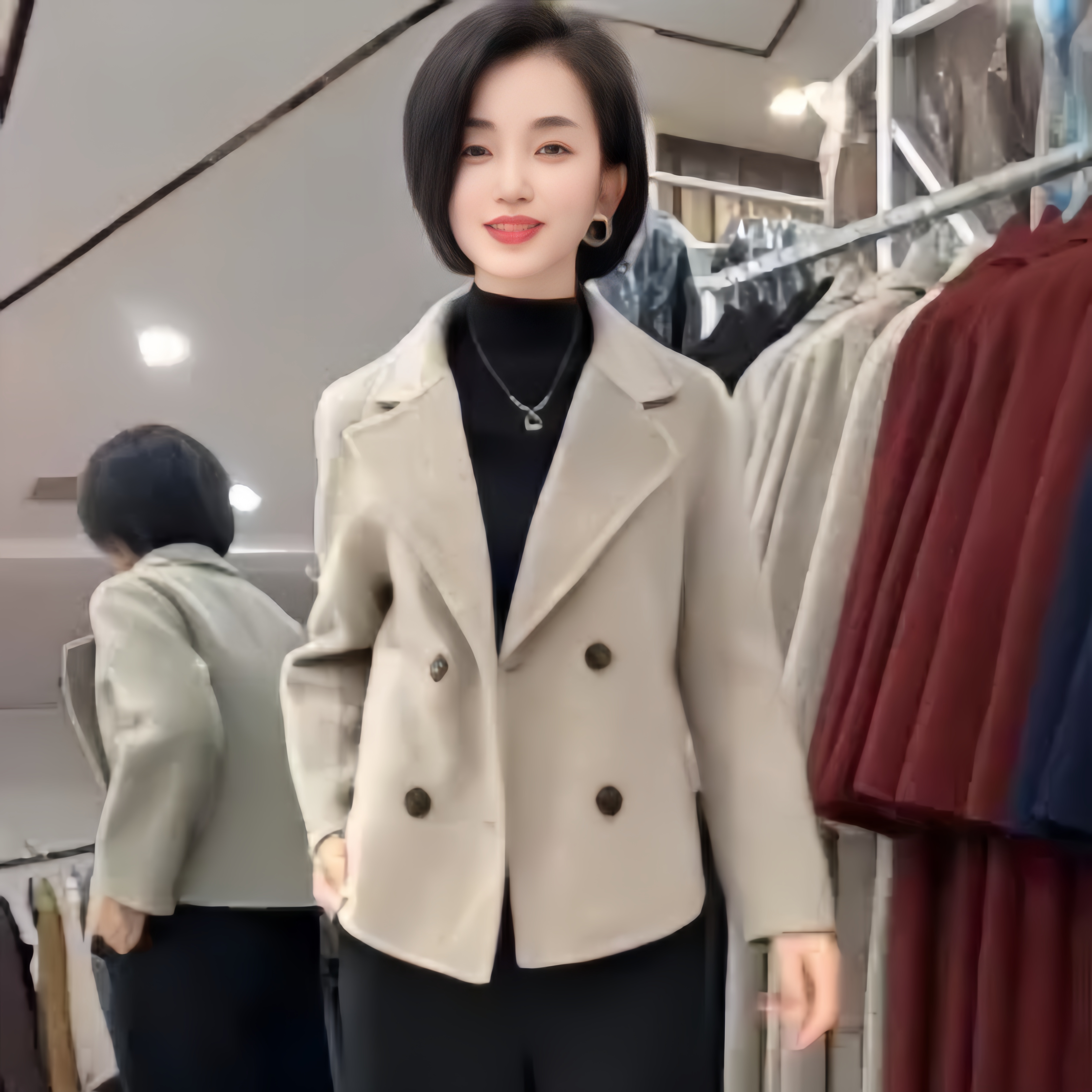 当日发2025春秋爆款小香风双排扣西装领双面呢大衣百搭短外套1706