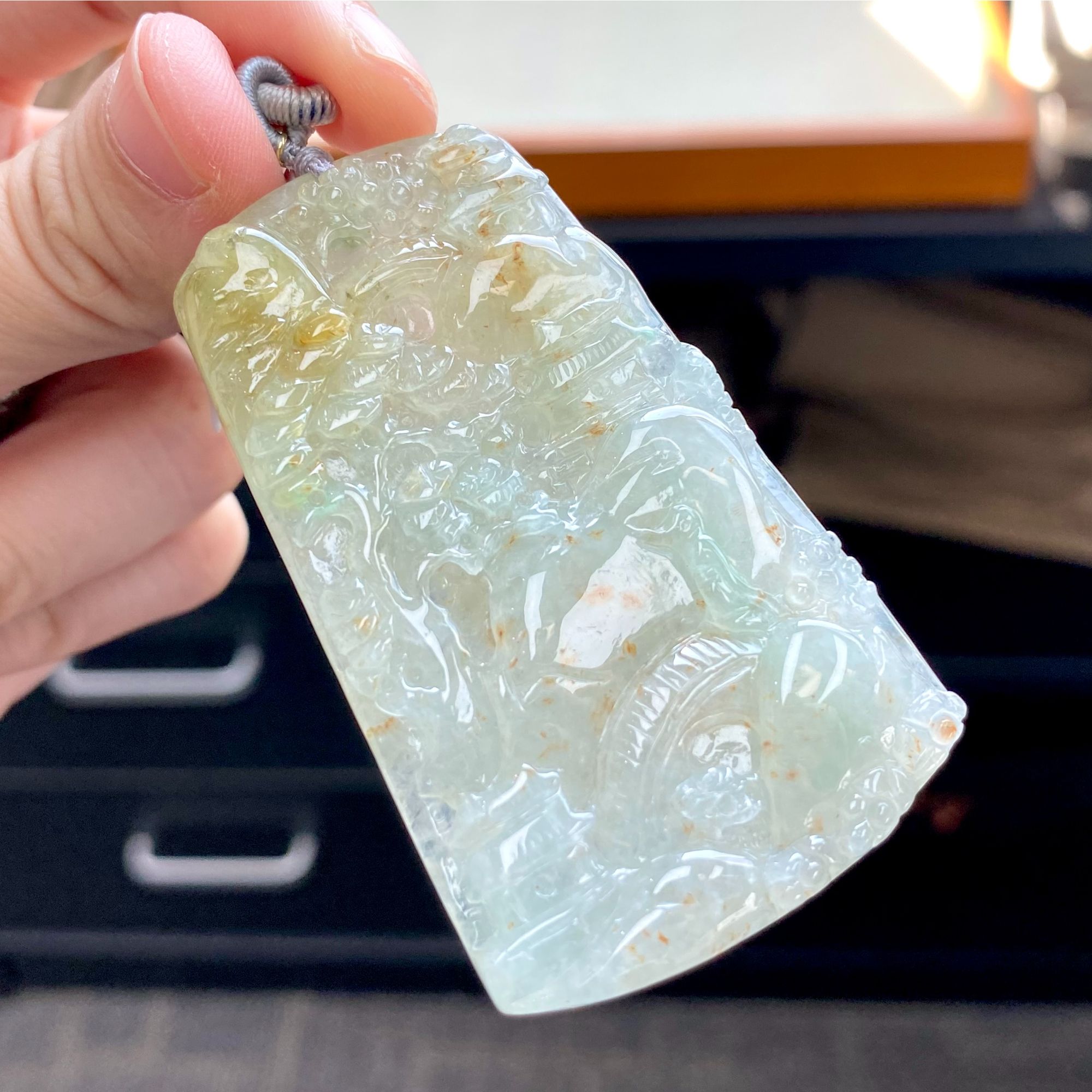 如意宝珠宝 正品翡翠A货洒金山水牌挂件玉坠吊坠天然玉石精选AH76