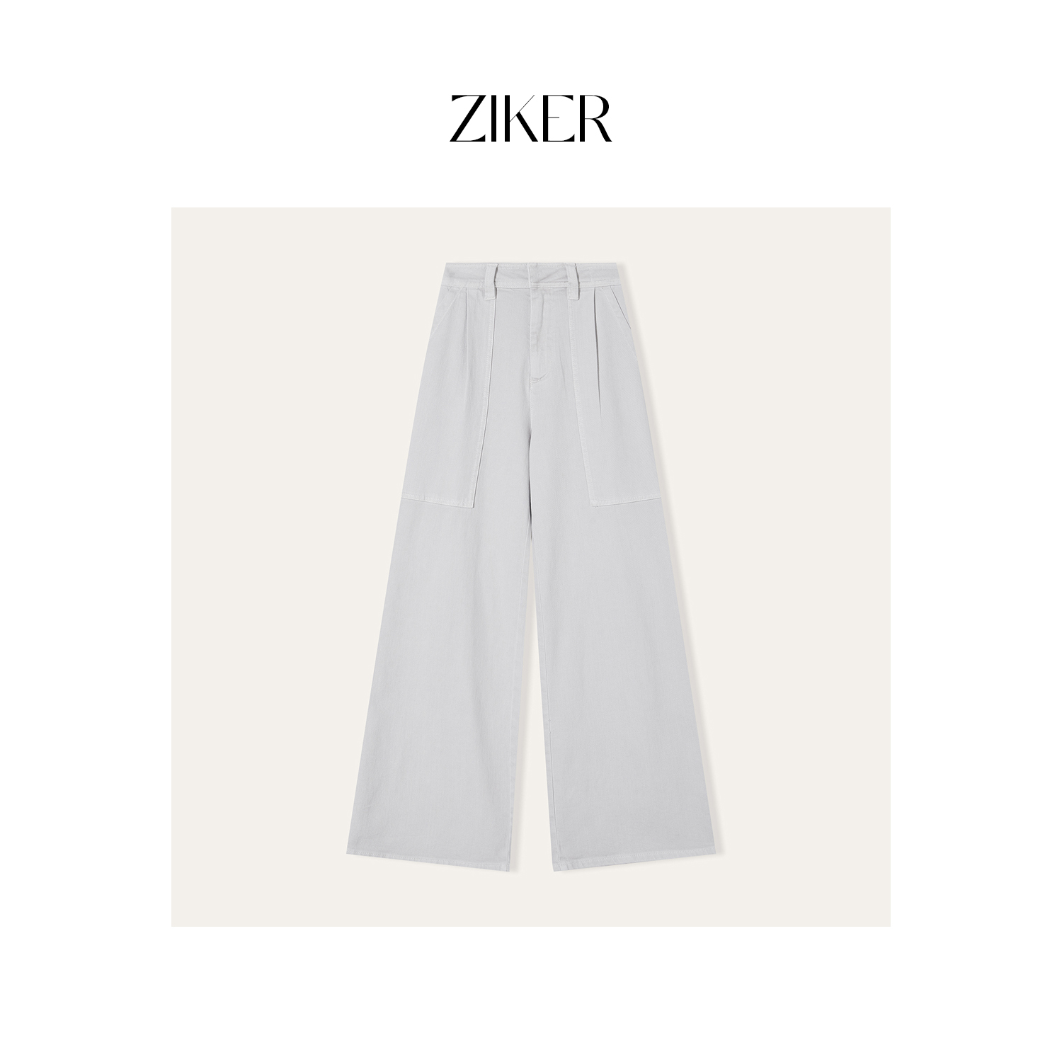  ZIKER｜BC杏白色外口袋设计女士直筒牛仔长裤