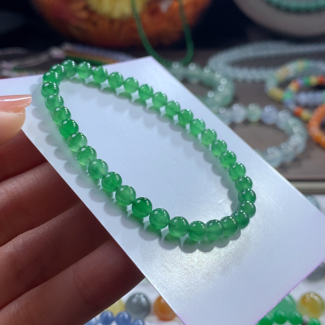 翡翠未镶嵌手链！性价比！满色高冰翠绿卡5