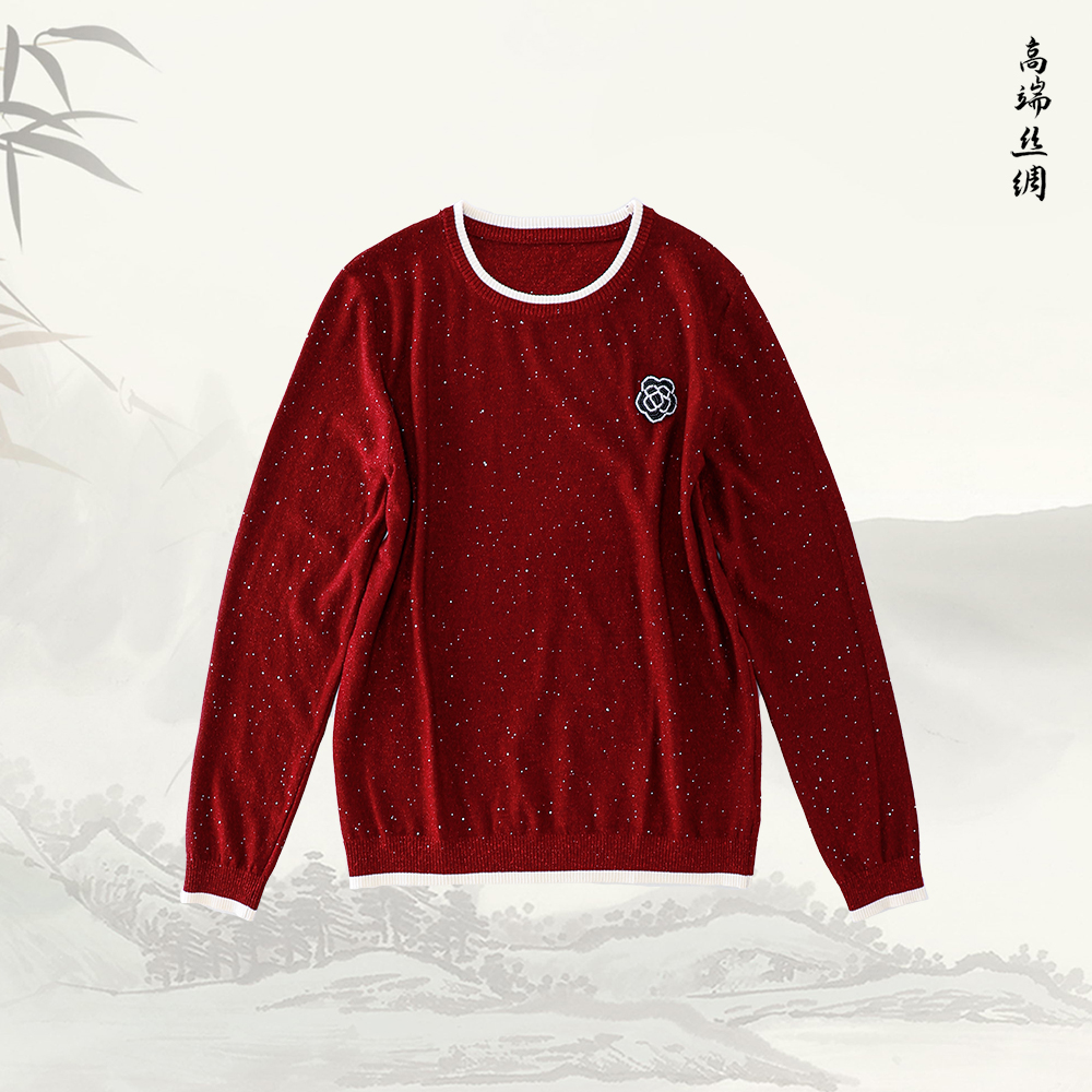 新款百搭休闲显瘦亮片假两件圆领毛衣长袖53760