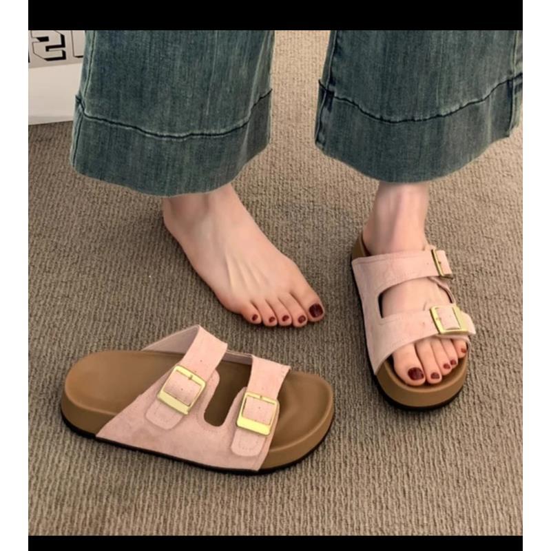 《琪琪家》春夏季新款重工高品质双卡扣厚底舒适绒面百搭拖鞋-11