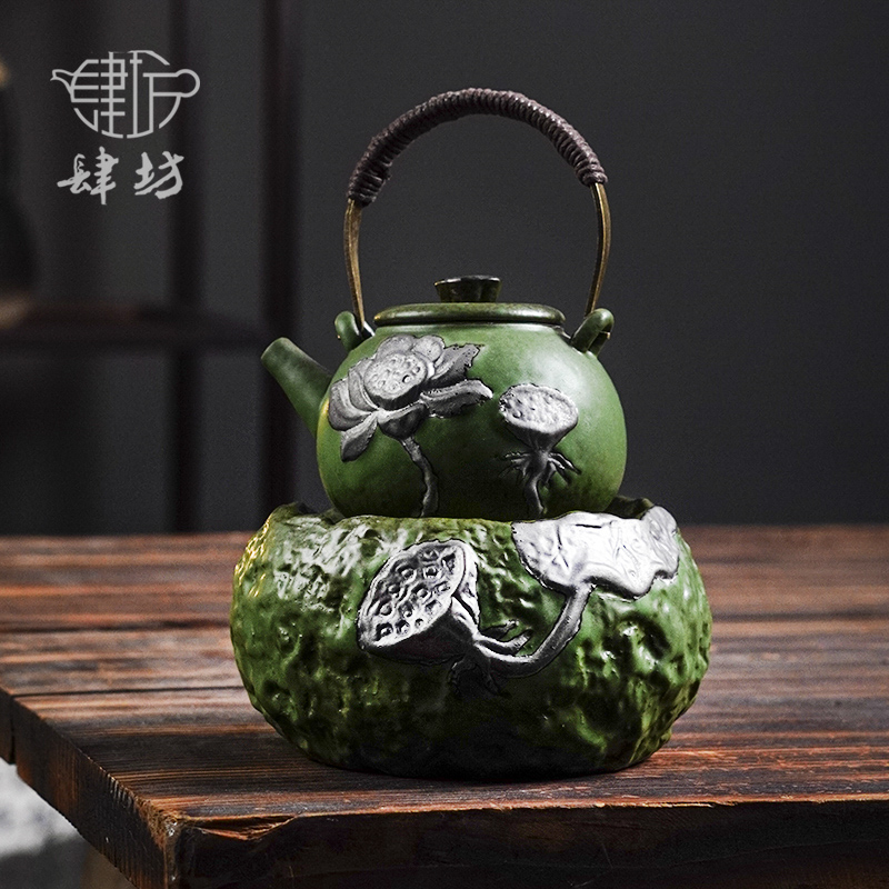竹青浮雕并蒂莲提梁壶陶瓷莲蓬温茶炉暖茶炉点蜡烛