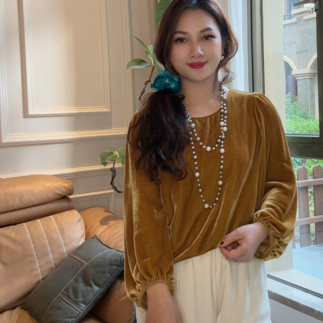 百分百桑蚕丝泡泡长袖圆领衫时尚洋气百搭女上衣