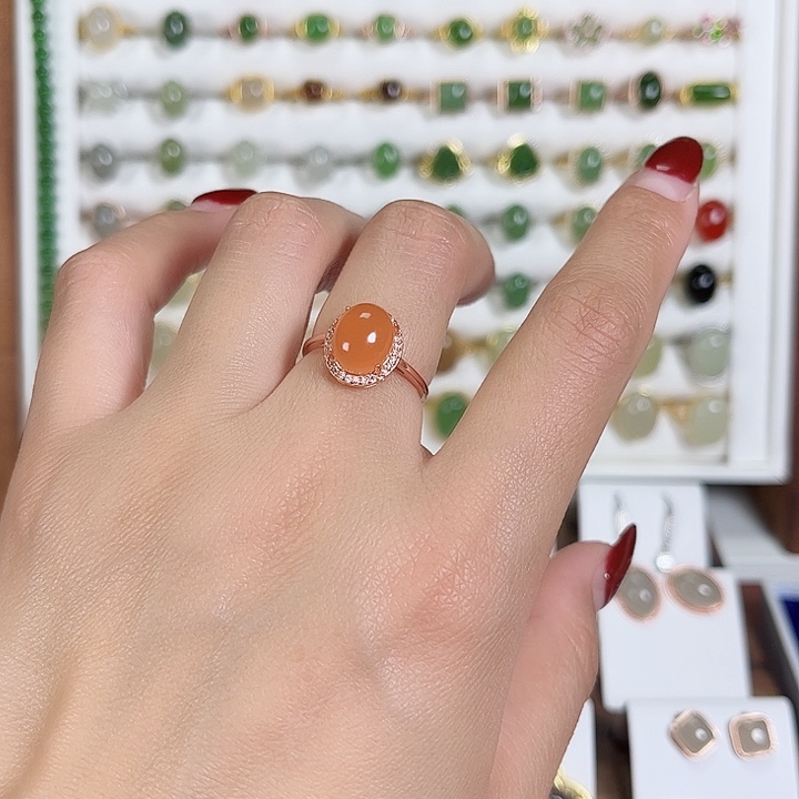 和田玉戒指银S925镀金镶嵌