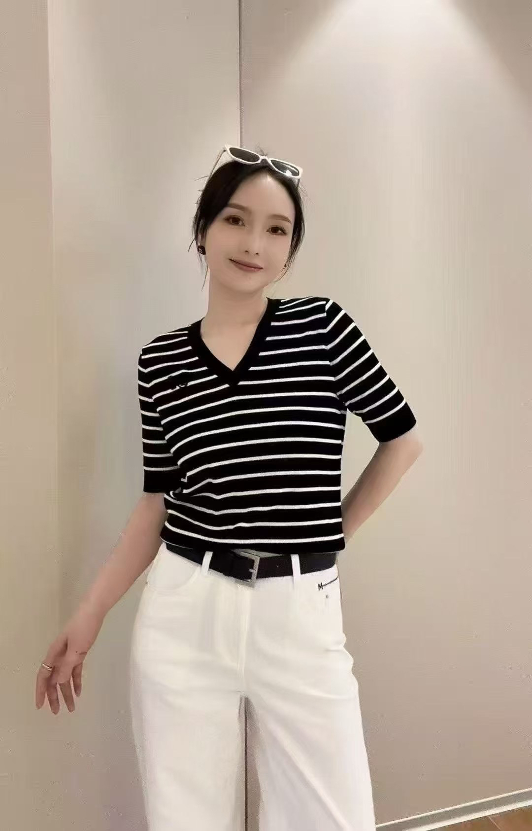 华家曼新品条纹v领短袖针织衫休闲显瘦条纹