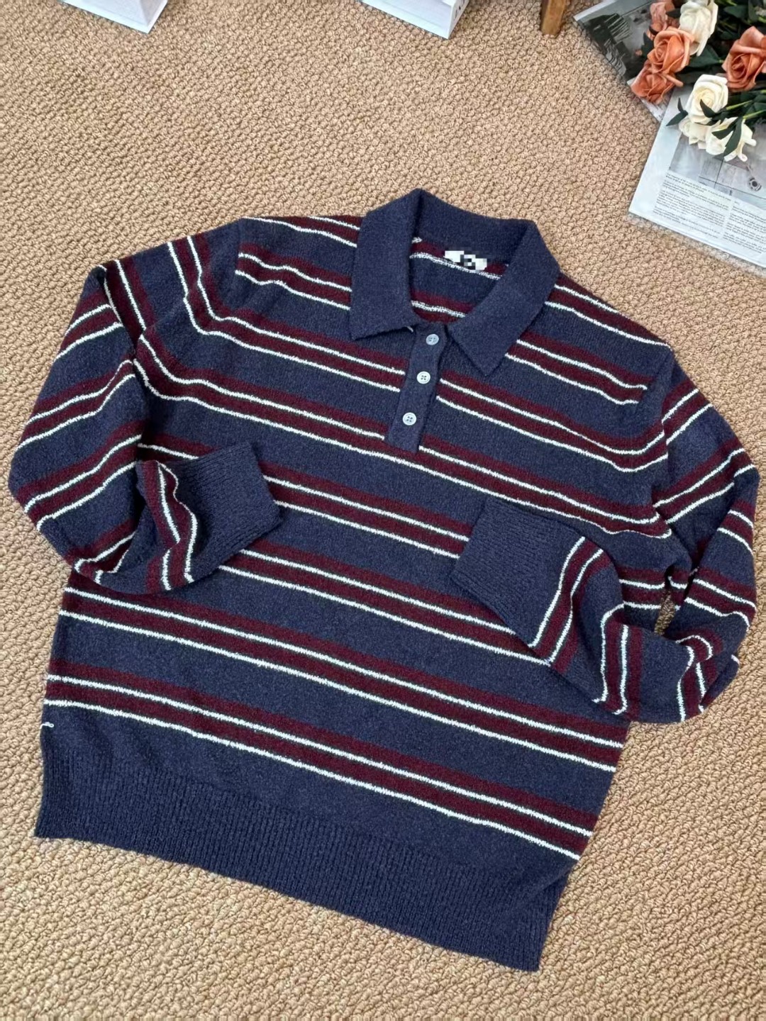 【奈野喜】韩国正品代购/翻领条纹毛衣【NO退NO换】