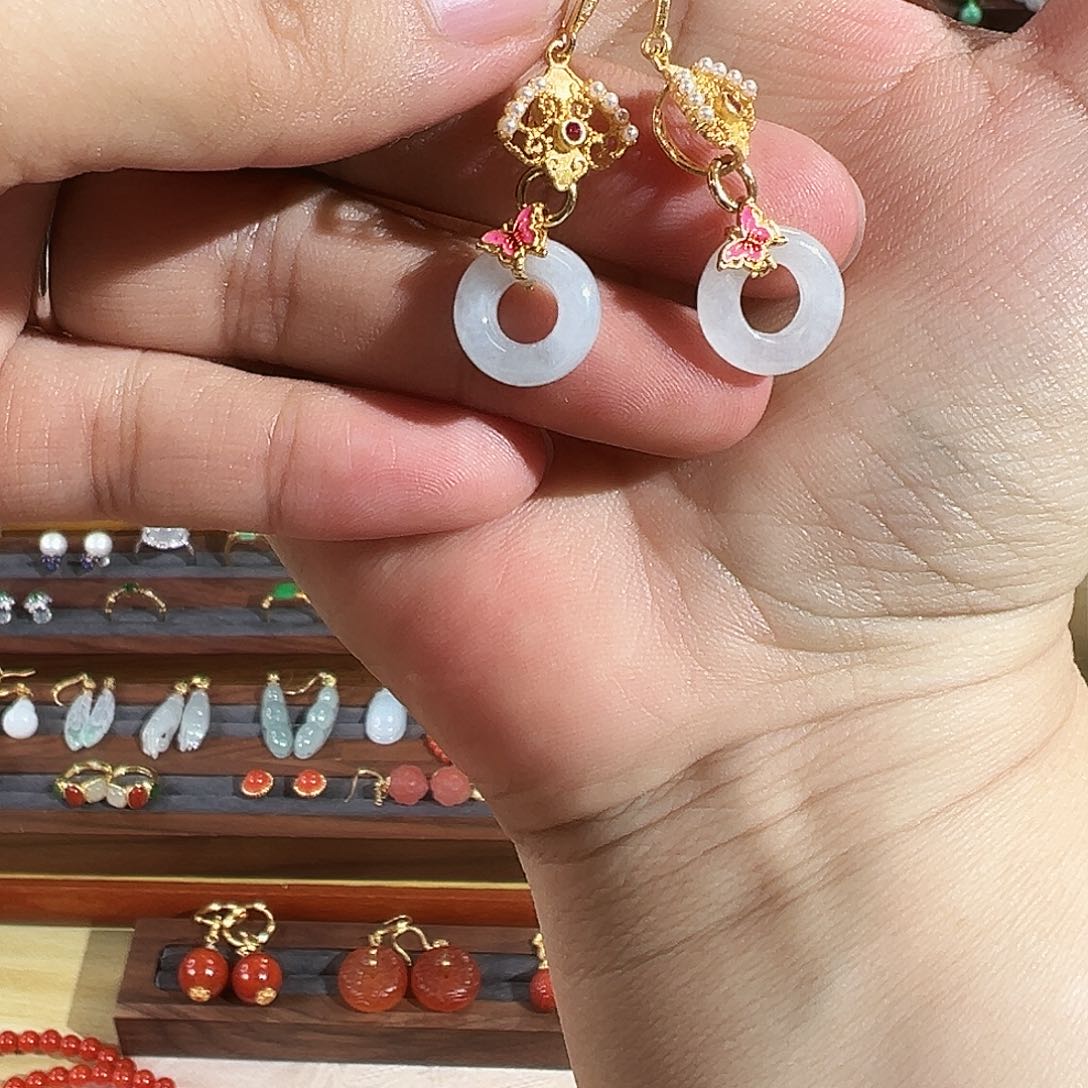 翡翠耳饰银S925镶嵌天然