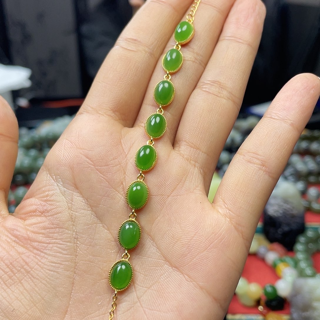 和田玉手链银S925镀金镶嵌