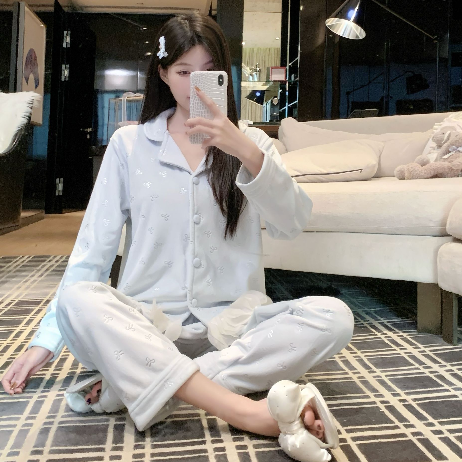 【烫金-蝴蝶结-翻领】水光超柔双面亲肤绒 女 中厚款秋冬家居服睡衣